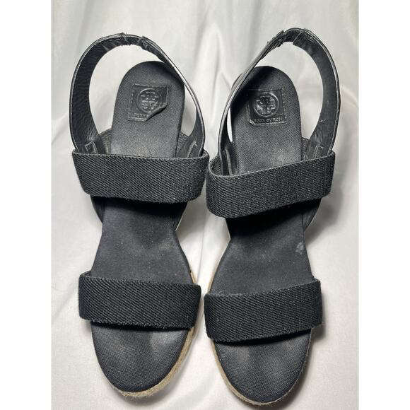 TORY BURCH Espadrille Wedge Platform Sandals 2 Band Black Leather US 8.… - Picture 9 of 12